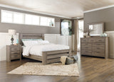 Zelen Queen Panel Bed with Mirrored Dresser and Nightstand in Warm Gray - PKG014145