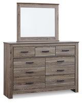 Zelen Queen Panel Bed with Mirrored Dresser and Nightstand in Warm Gray - PKG014145