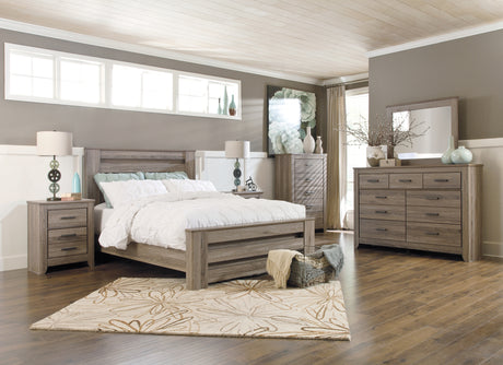 Zelen Queen Panel Bed with Mirrored Dresser, Chest and 2 Nightstands in Warm Gray - PKG003975