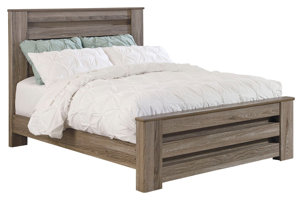 Zelen Queen Panel Bed with Mirrored Dresser, Chest and 2 Nightstands in Warm Gray - PKG003975