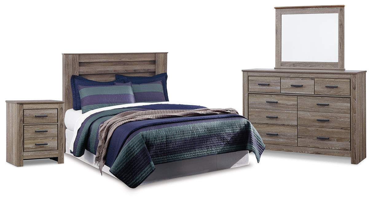 Zelen Queen Panel Headboard with Mirrored Dresser and Nightstand in Warm Gray from Ashley - Luna Furniture