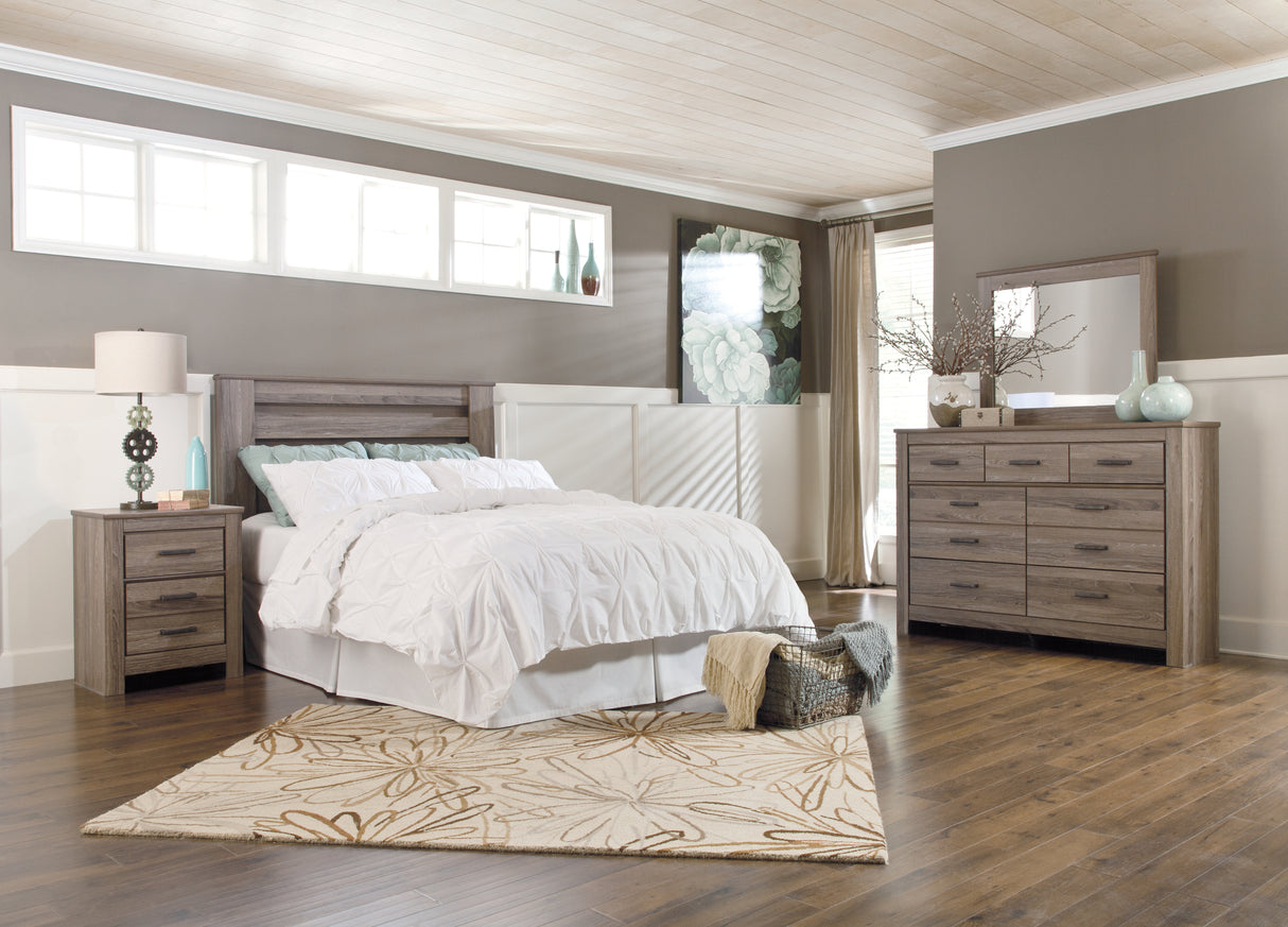 Zelen Queen Panel Headboard with Mirrored Dresser and Nightstand in Warm Gray from Ashley - Luna Furniture