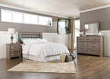 Zelen Queen Panel Headboard with Mirrored Dresser and Nightstand in Warm Gray from Ashley - Luna Furniture