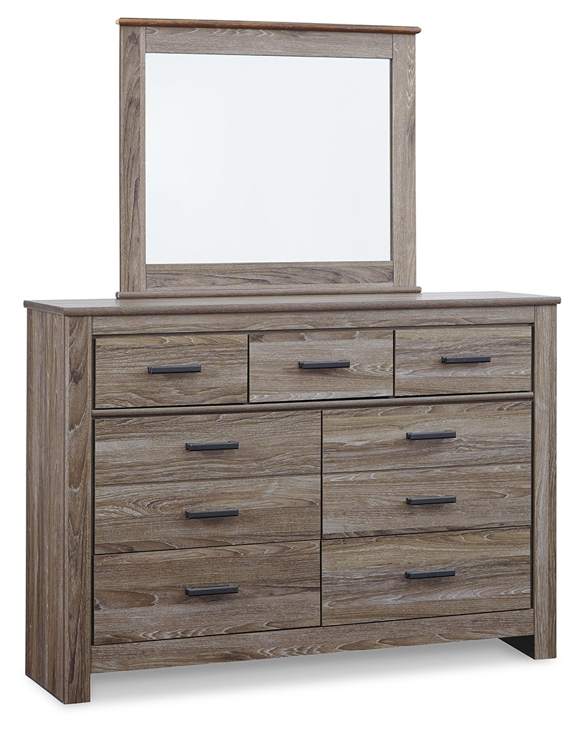 Zelen Queen Panel Headboard with Mirrored Dresser and Nightstand in Warm Gray from Ashley - Luna Furniture