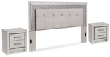 Zyniden King Upholstered Panel Headboard with 2 Nightstands in Silver - PKG016661