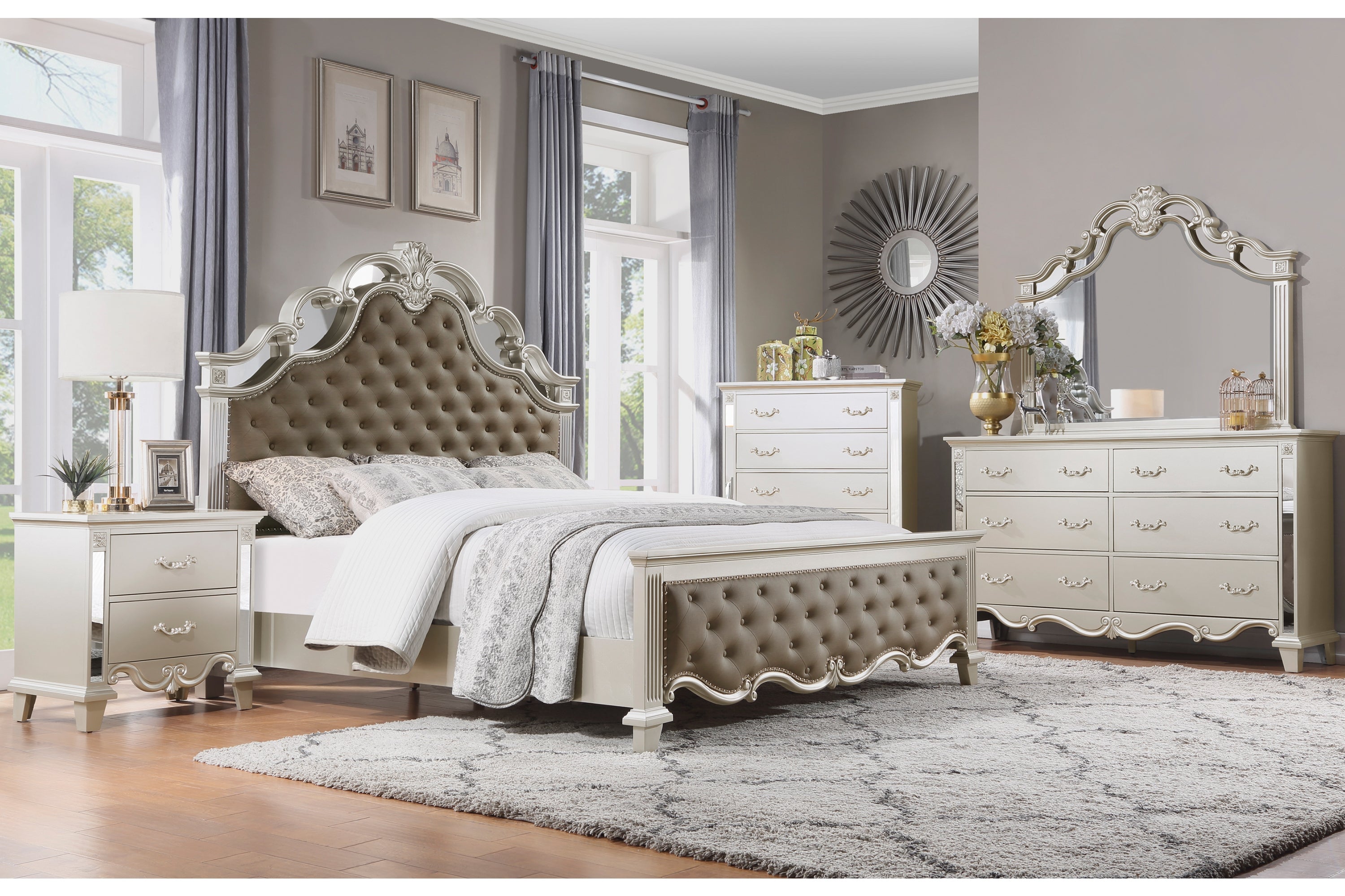 Ever Champagne Mirrored Upholstered Panel Bedroom Set - Luna Furniture