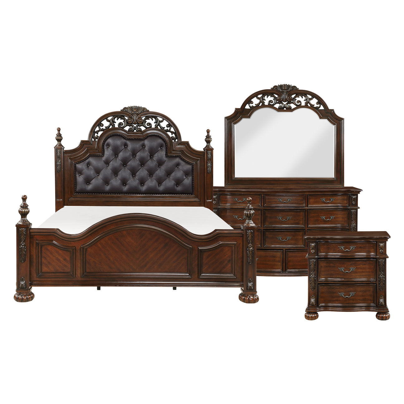 Adelina Cherry 4-Piece Bedroom Set (Queen Bed, Nightstand, Dresser, Mirror) from Homelegance - Luna Furniture