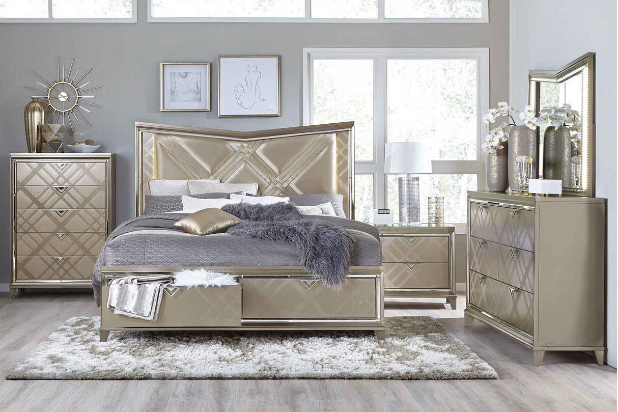 Bijou Champagne King LED Upholstered Storage Platform Bed - Luna Furniture