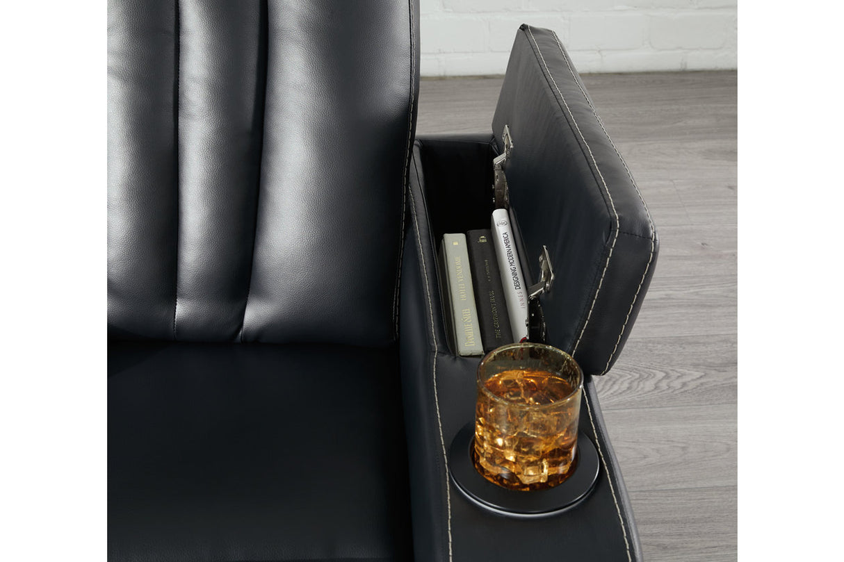 Center Point Black Reclining Sofa with Drop Down Table from Ashley - Luna Furniture