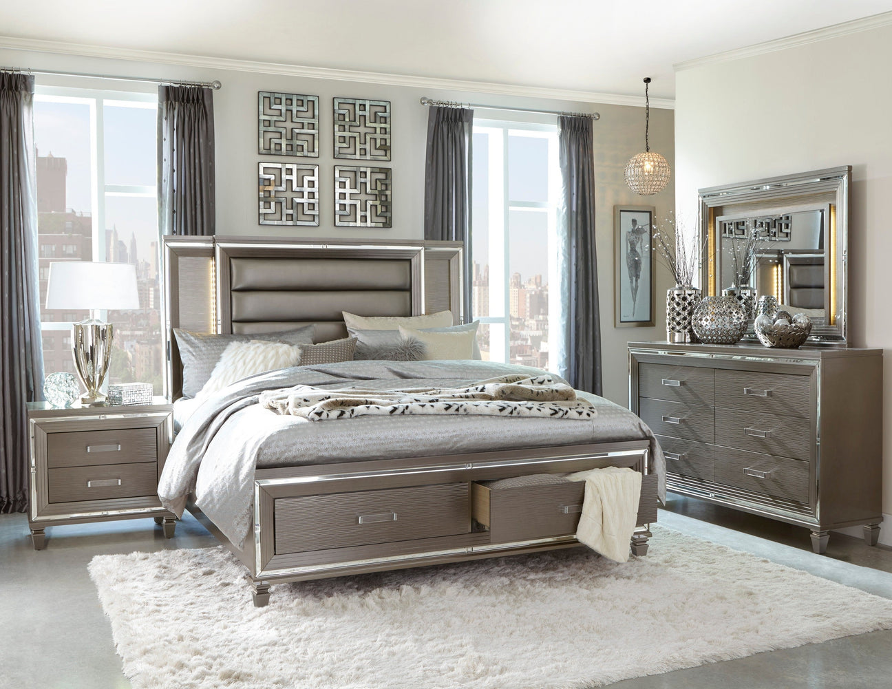 Tamsin Silver/Gray Metallic LED Upholstered Storage Platform Bedroom Set from Homelegance - Luna Furniture