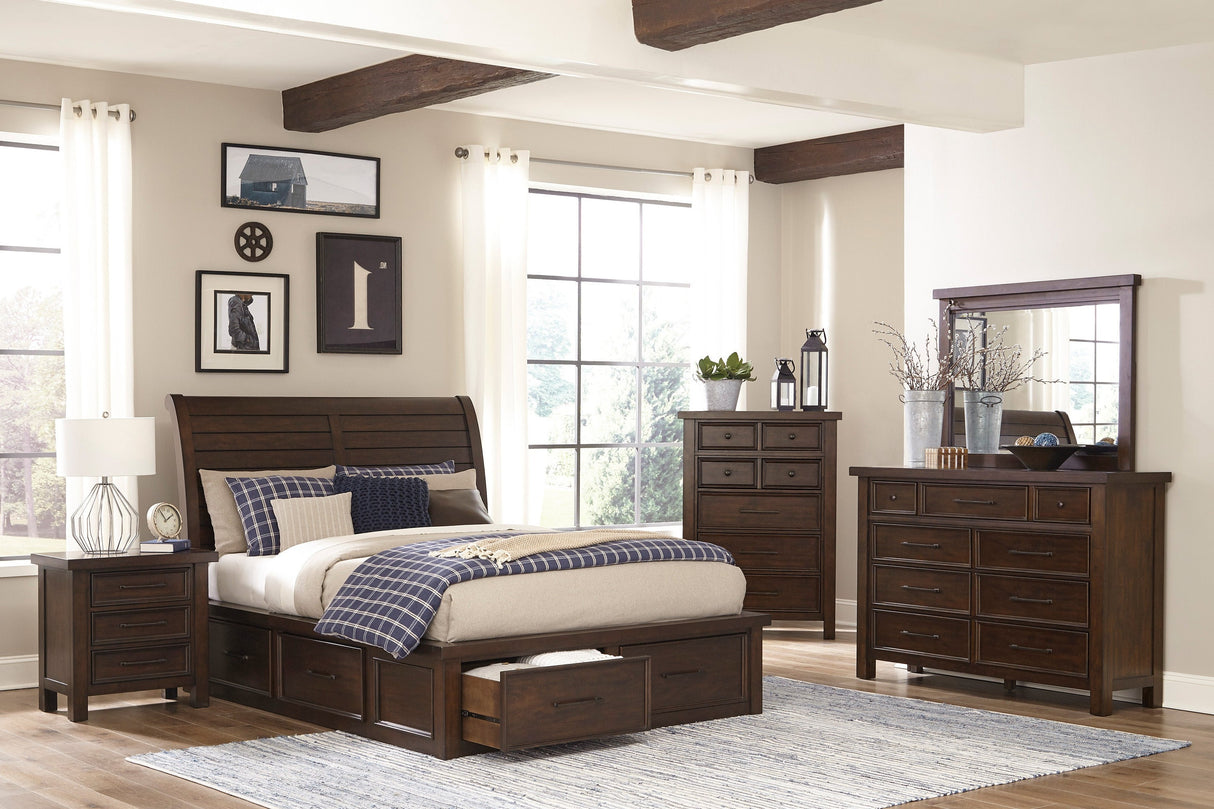 Logandale Brown Sleigh Storage Platform Bedroom Set