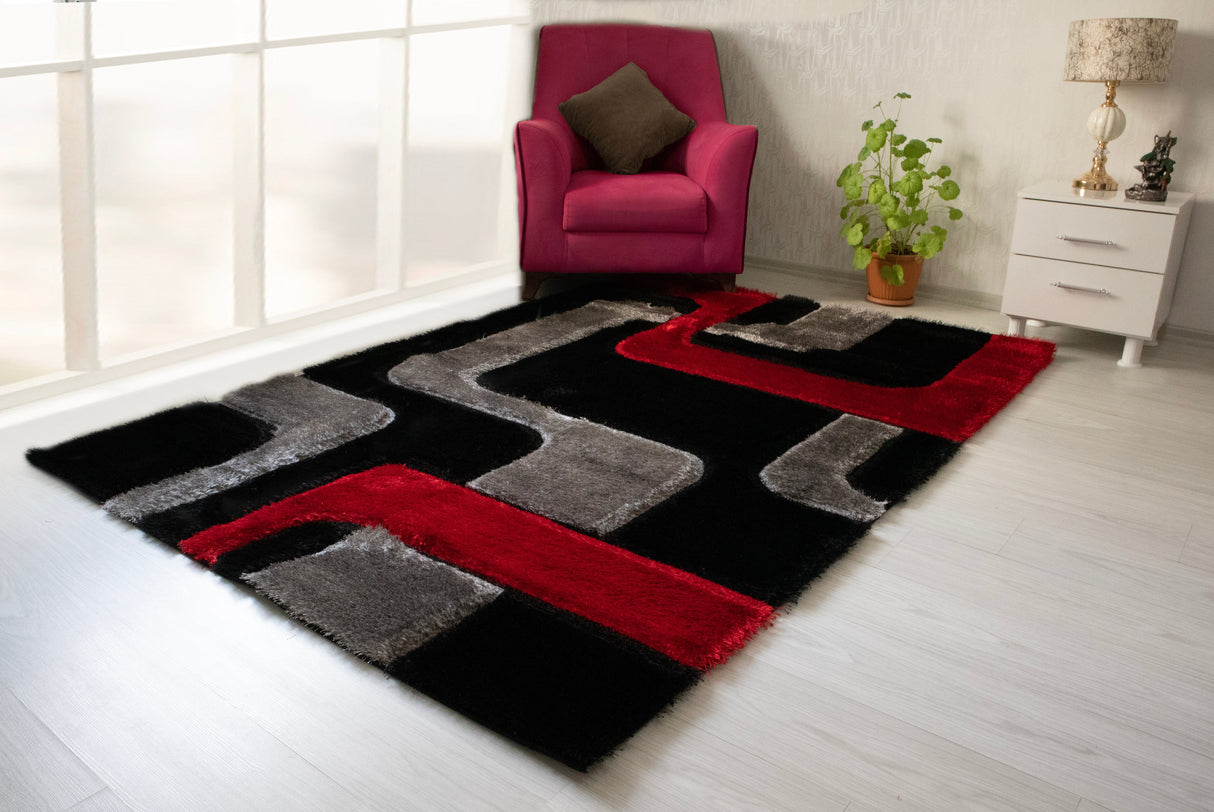 3D Shaggy RED-BLACK Area Rug - 3D199 - 3D199-RED-BLC-57 - Luna Furniture