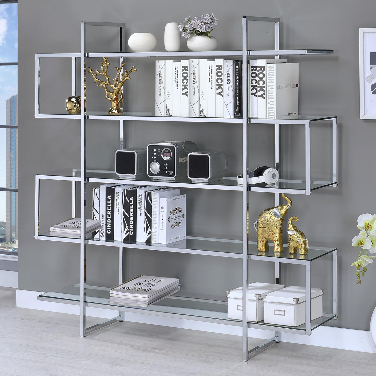 Elmer Clear/Chrome 5-Shelf Bookcase from Coaster - Luna Furniture