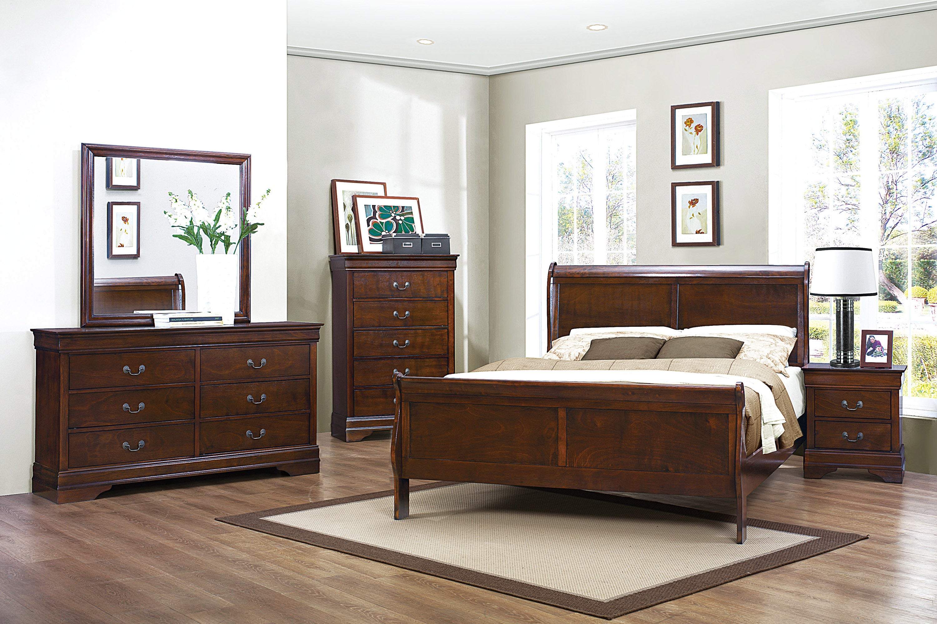 Furniture of America Louis Philippe III 5pc Sleigh Bedroom Set in Cherry