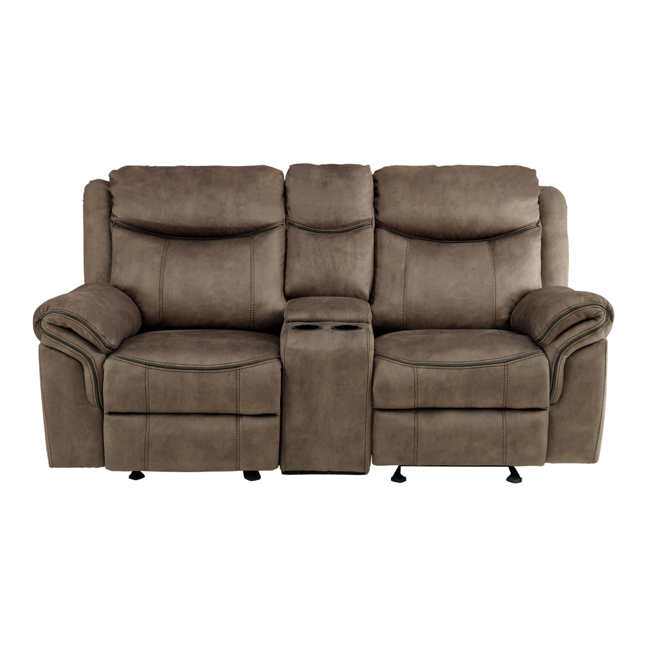 Aram Brown Fabric Double Glider Reclining Loveseat with Center Console, Receptacles and USB Ports from Homelegance - Luna Furniture