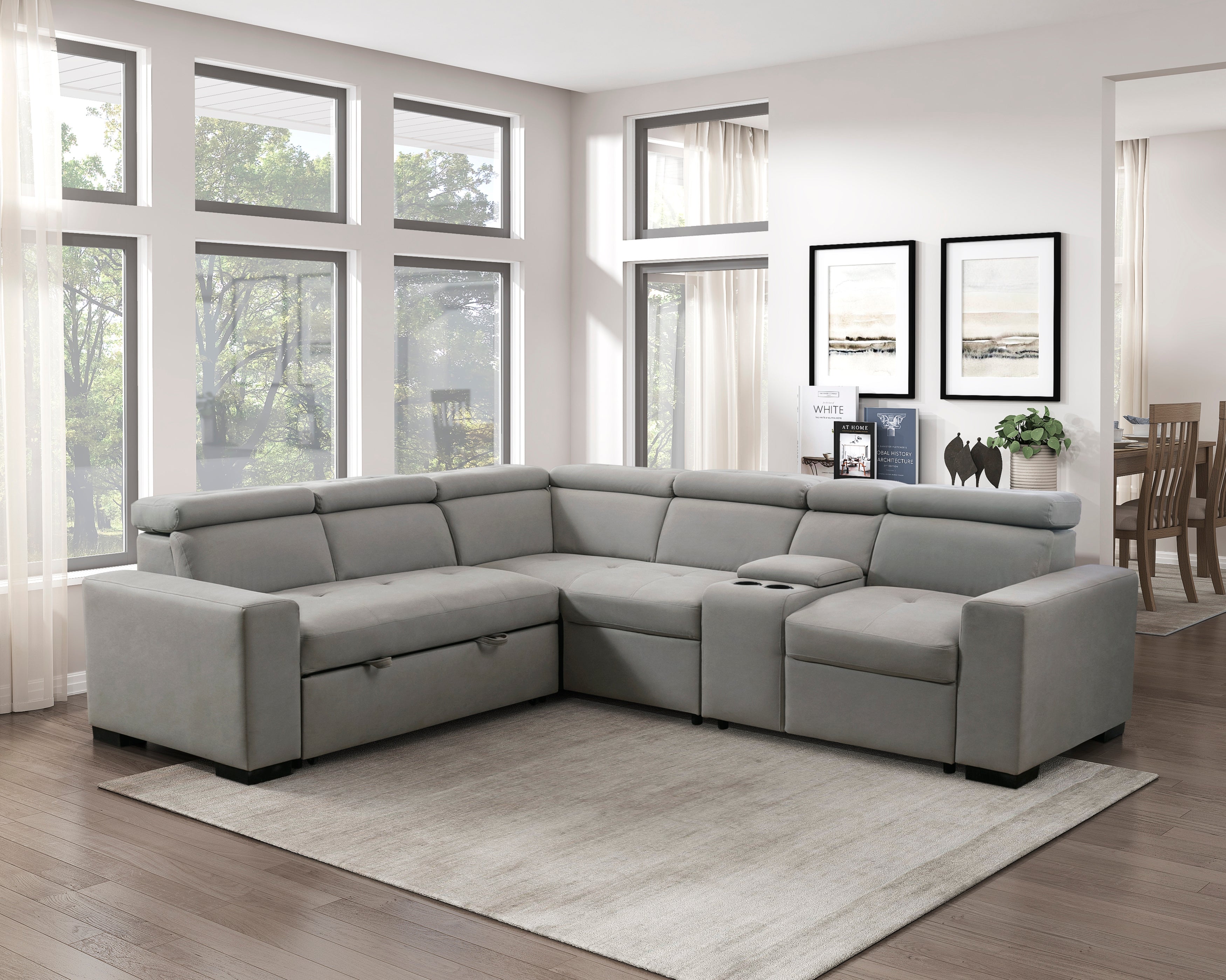 9219GY SC 3 3 Piece Sectional with Adjustable Headrests Pull out Bed and Console Luna