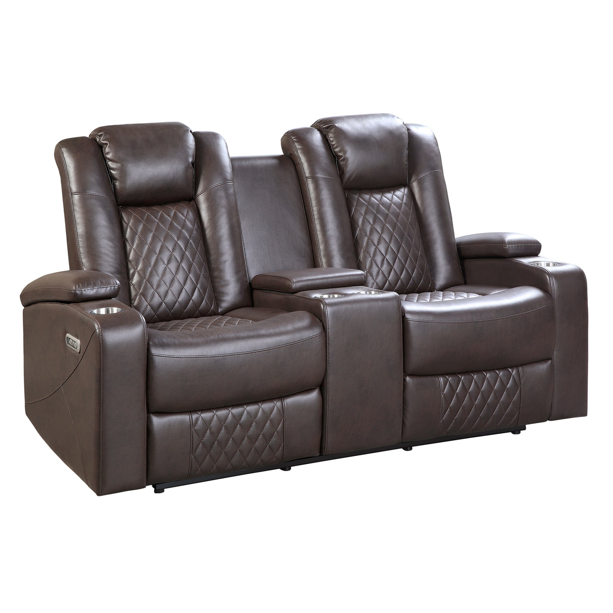 9366DB-2PWH Power Double Reclining Love Seat with Center Console, Power Headrests, Storage Arms and Cup holders - Luna Furniture