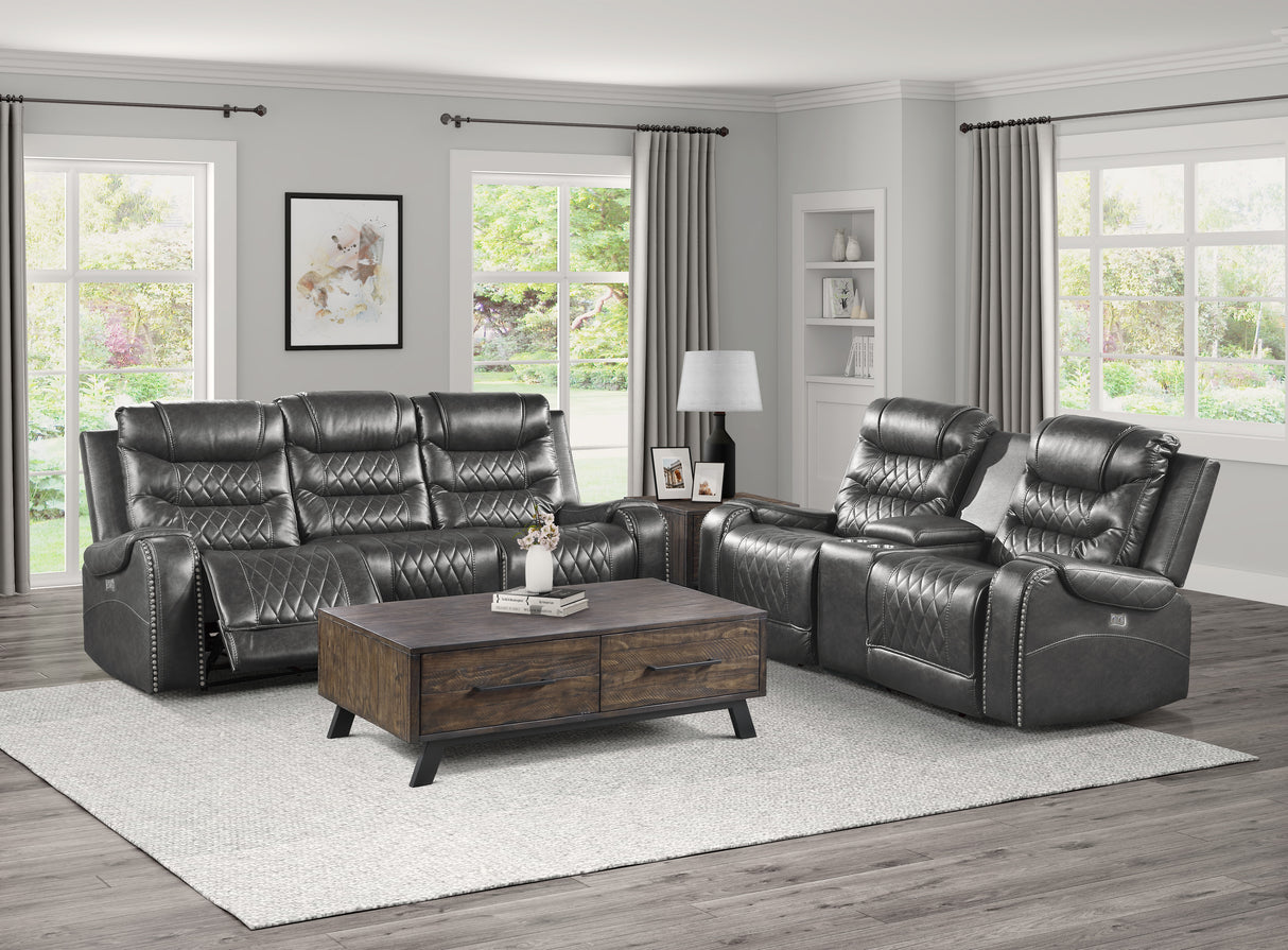 9405GY-2PW Power Double Reclining Love Seat with Center Console, Receptacles and USB Ports - Luna Furniture