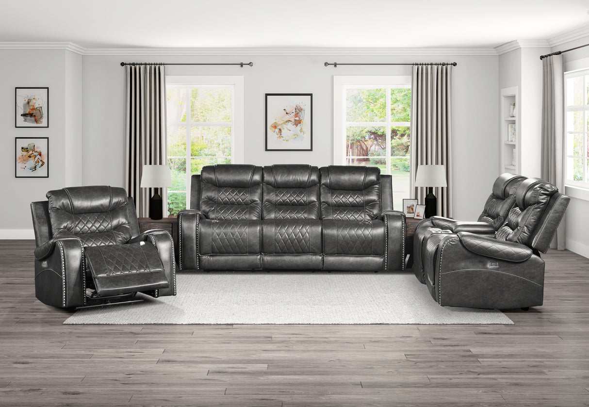 9405GY-3PW Power Double Reclining Sofa with Center Drop-Down Cup Holders, Receptacles and USB Ports - Luna Furniture