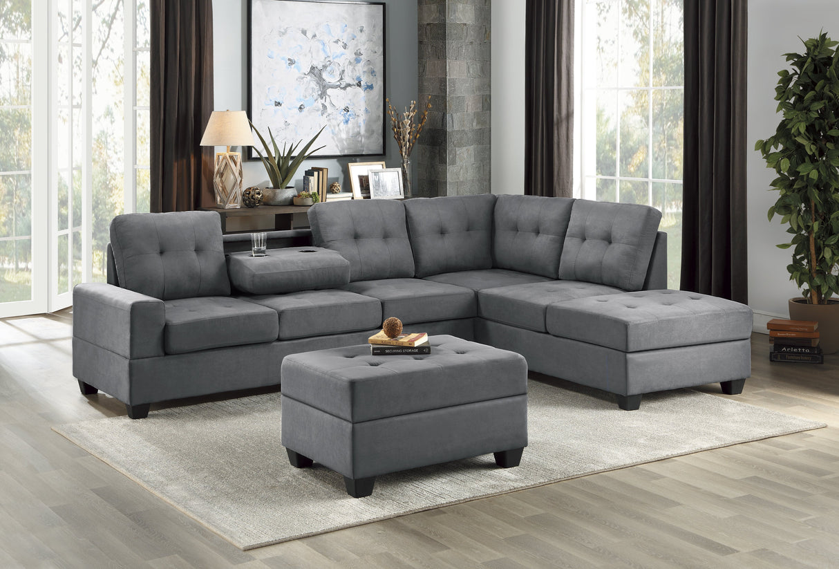 9507DGY*3OT (2)2-Piece Reversible Sectional with Drop-Down Cup Holders and Storage Ottoman - Luna Furniture