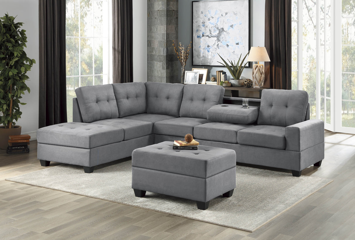 9507DGY*3OT (2)2-Piece Reversible Sectional with Drop-Down Cup Holders and Storage Ottoman - Luna Furniture