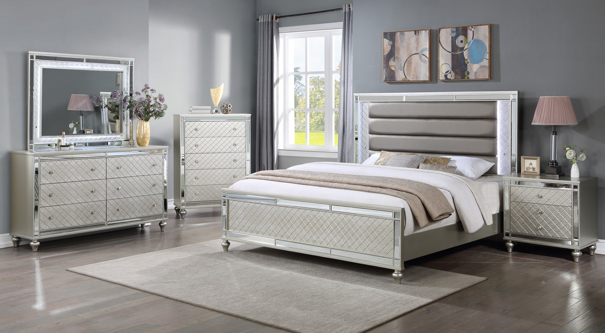 Cristian Champagne King LED Upholstered Panel Bed