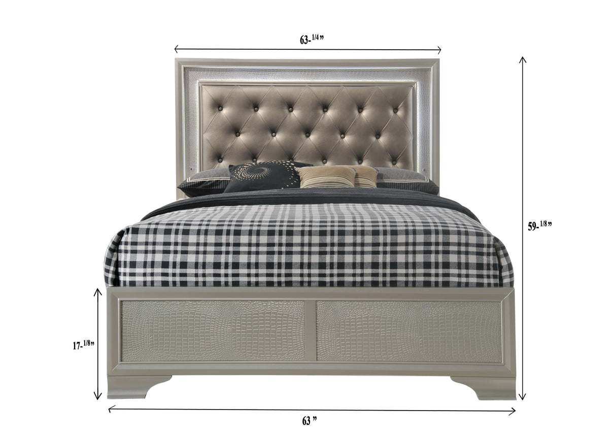 Lyssa Champagne Queen LED Upholstered Panel Bed