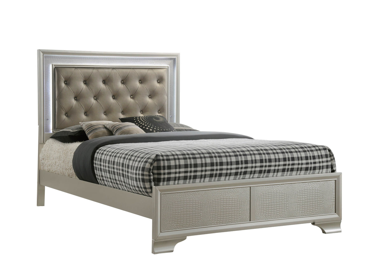 Lyssa Champagne Queen LED Upholstered Panel Bed