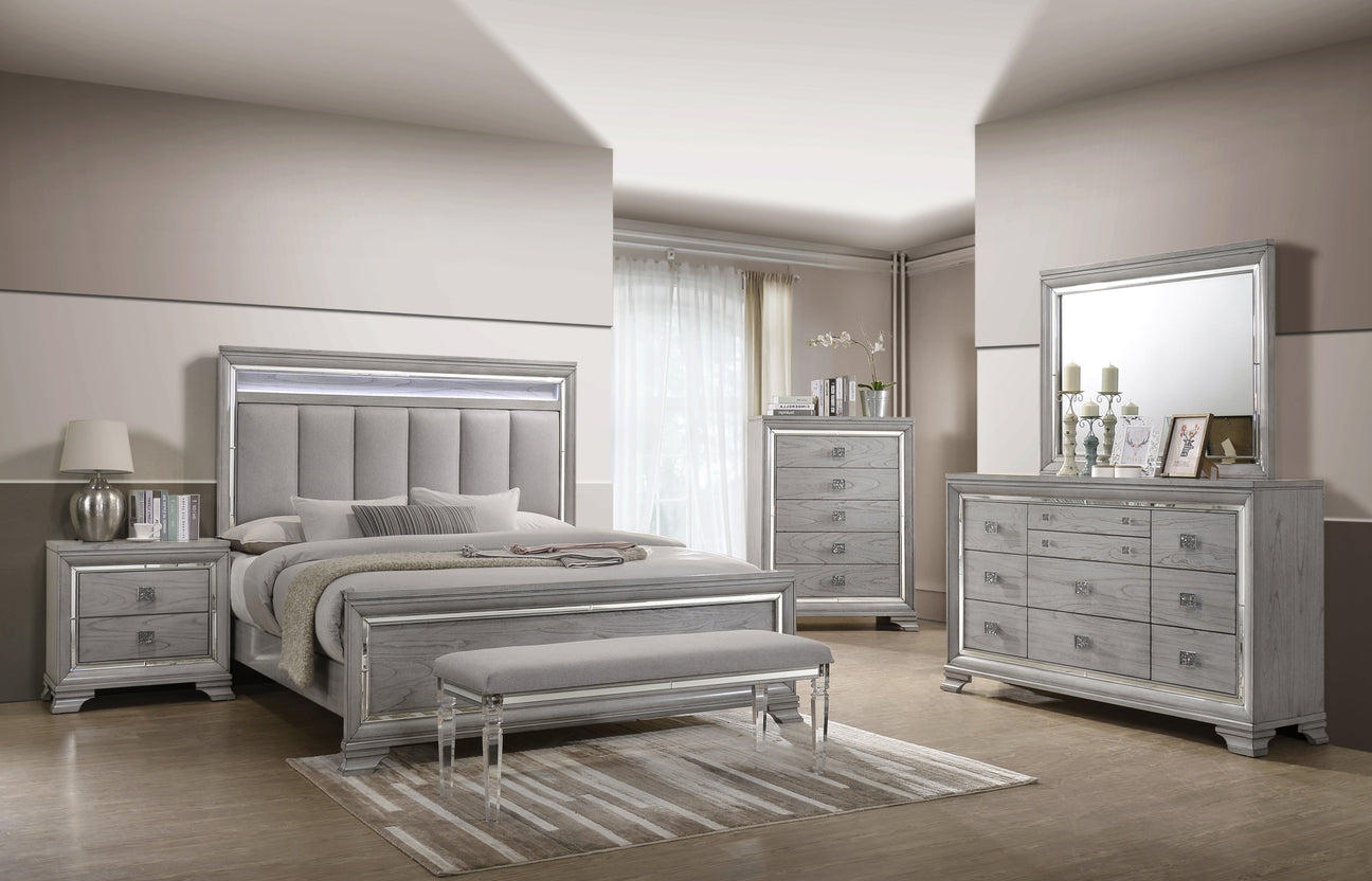 Vail Gray LED Upholstered Panel Bedroom Set from Crown Mark - Luna Furniture