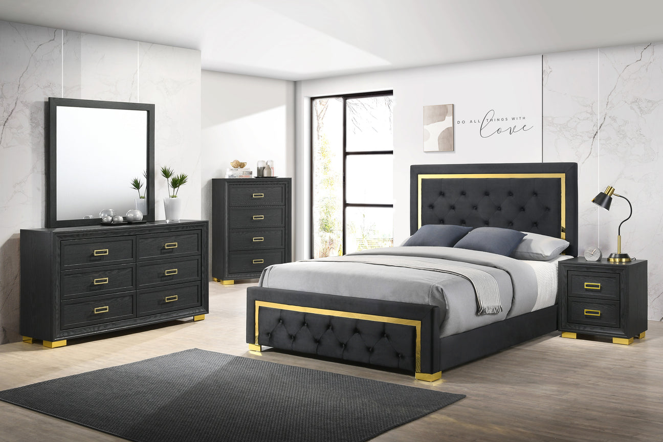 Pepe Black/Gold Panel Upholstered Bedroom Set -  Crown Mark - Luna Furniture