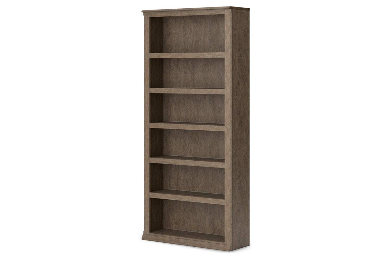 The Janismore Weathered Gray Desk With 2 Bookcase Wall Units is