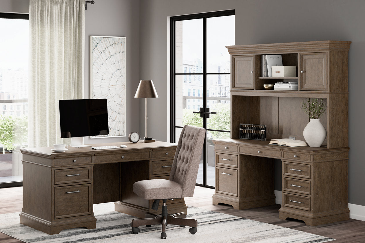 The Janismore Weathered Gray Desk With 2 Bookcase Wall Units is