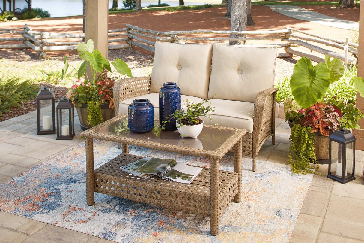 Braylee Driftwood Outdoor Loveseat with Table from Ashley - Luna Furniture