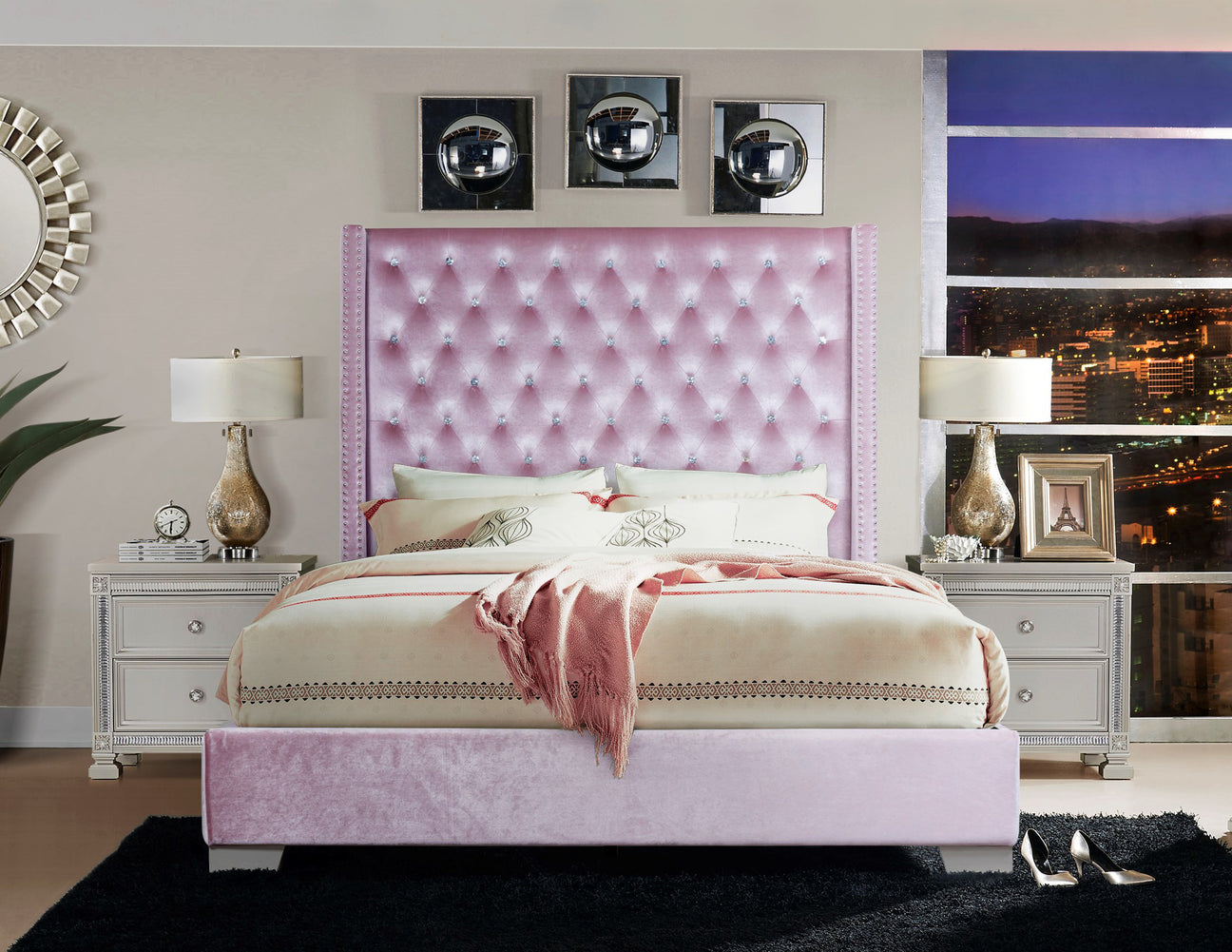 Franco Pink Velvet King Upholstered Bed from Homelegance - Luna Furniture