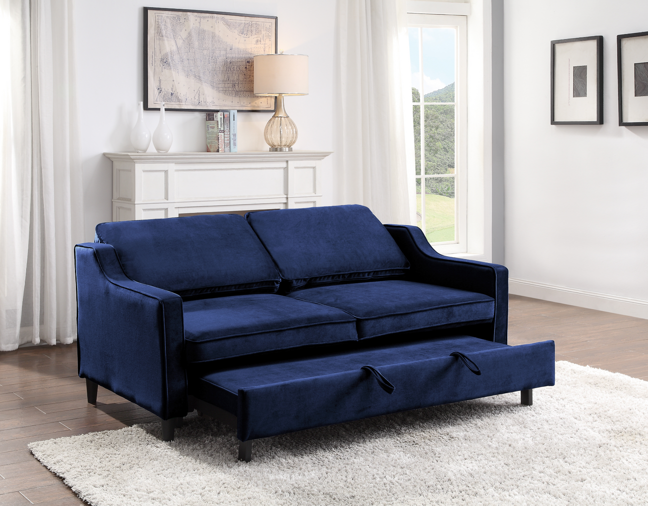 Adelia Navy Velvet Convertible Studio Sofa with Pull-out Bed from Homelegance - Luna Furniture