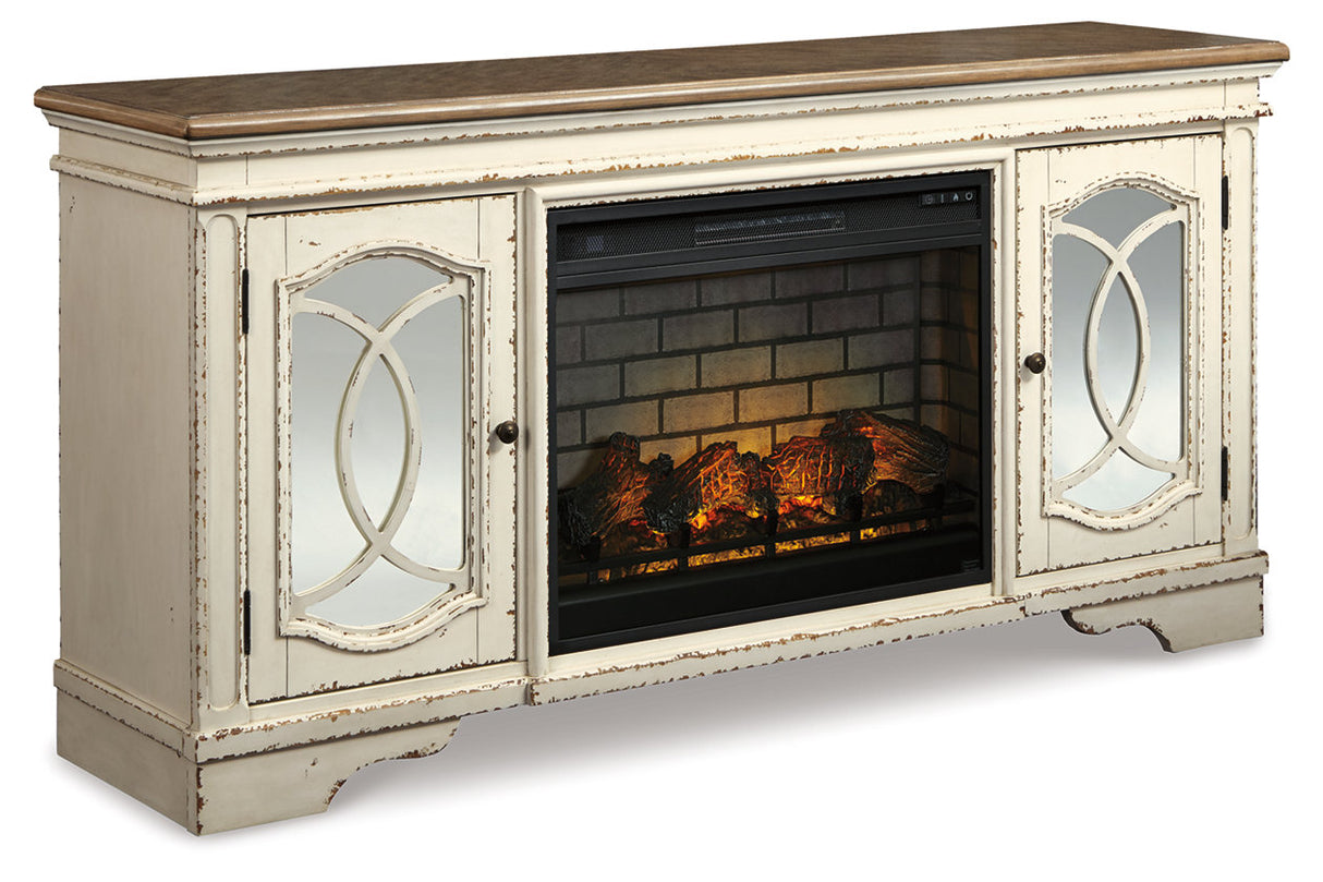 Realyn Chipped White 74" TV Stand with Electric Fireplace -  Ashley - Luna Furniture