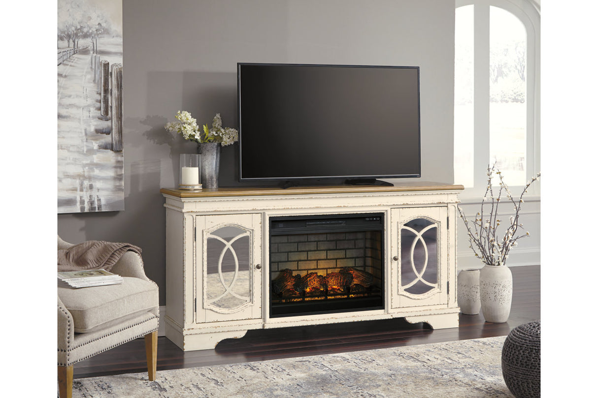 Realyn Chipped White 74" TV Stand with Electric Fireplace -  Ashley - Luna Furniture