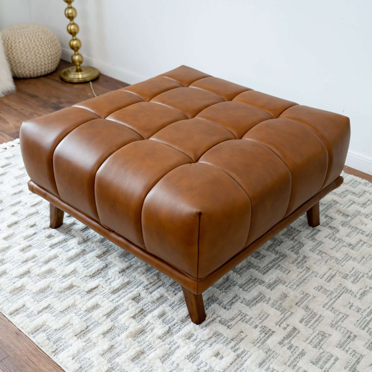 Addison Square Upholstered Ottoman Cognac Leather - AFC00462 - Luna Furniture