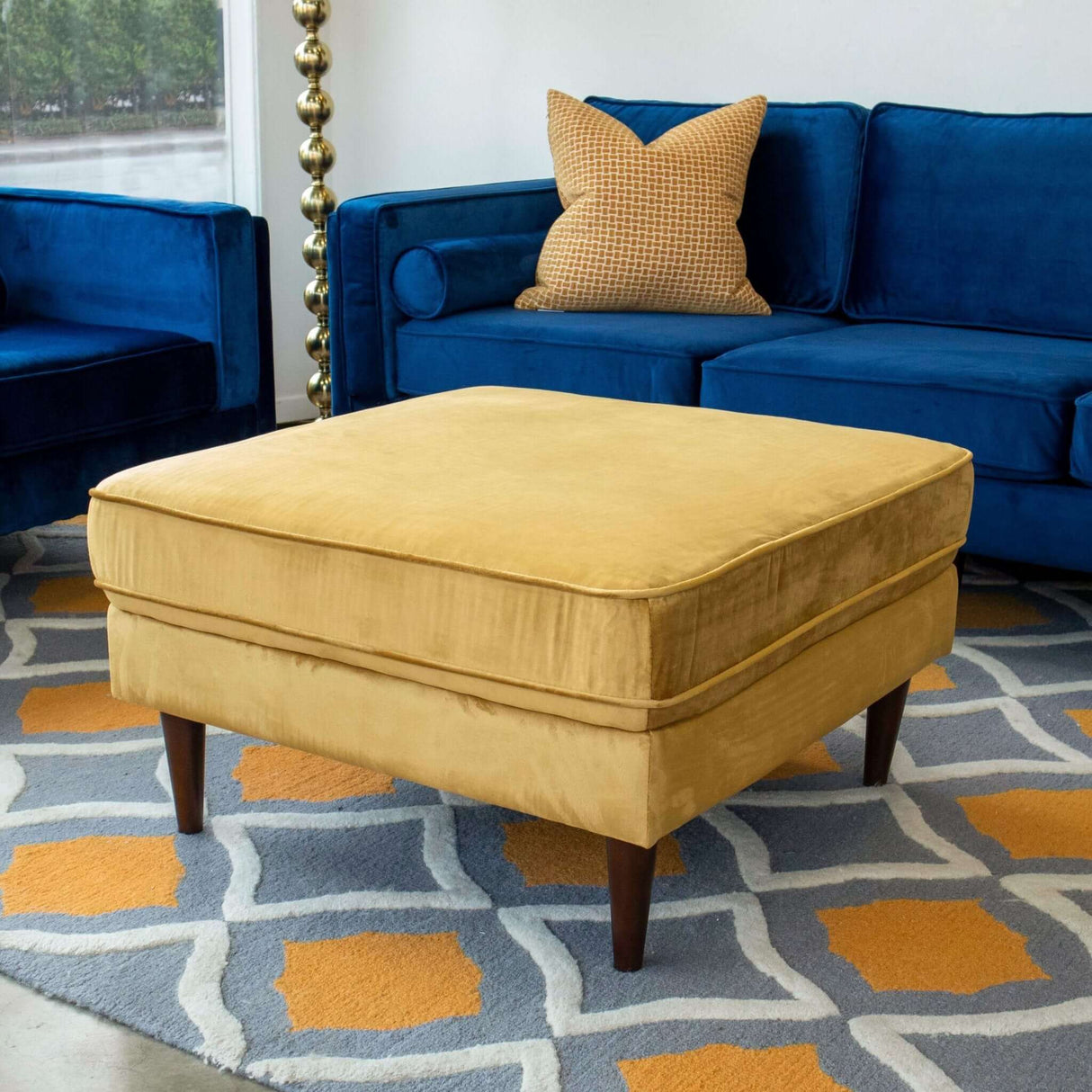 Amber Mid-Century Modern Square Upholstered Ottoman Dark Yellow Velvet - AFC00332 - Luna Furniture