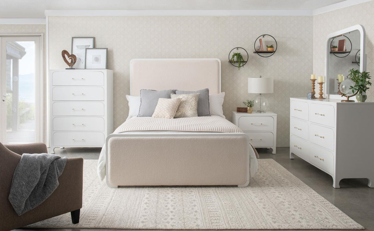 Anastasia Boucle Upholstered Eastern King Panel Bed Pearl White and Beige from Coaster - Luna Furniture