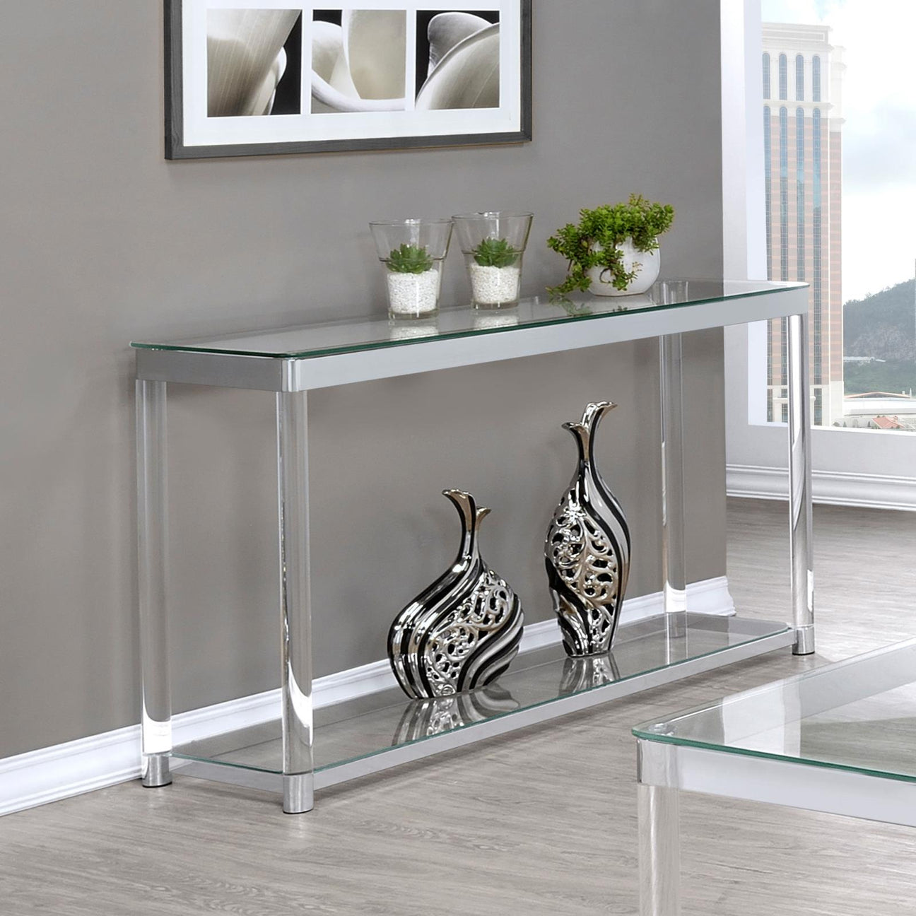 Anne Sofa Table with Lower Shelf Chrome/Clear from Coaster - Luna Furniture