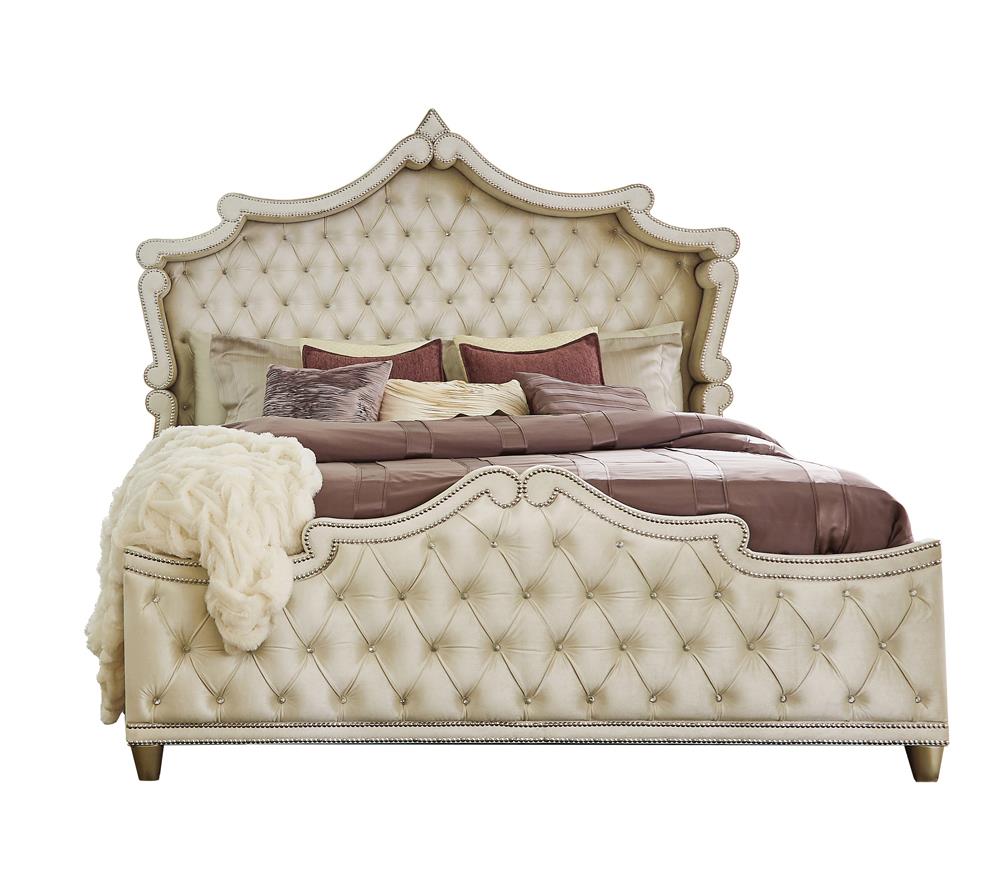 Antonella Ivory/Camel 4-Piece Upholstered Tufted Eastern King Bedroom Set from Coaster - Luna Furniture