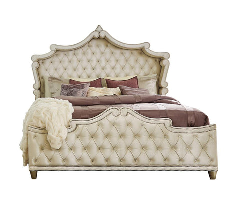 Antonella Ivory/Camel 4-Piece Upholstered Tufted Eastern King Bedroom Set from Coaster - Luna Furniture