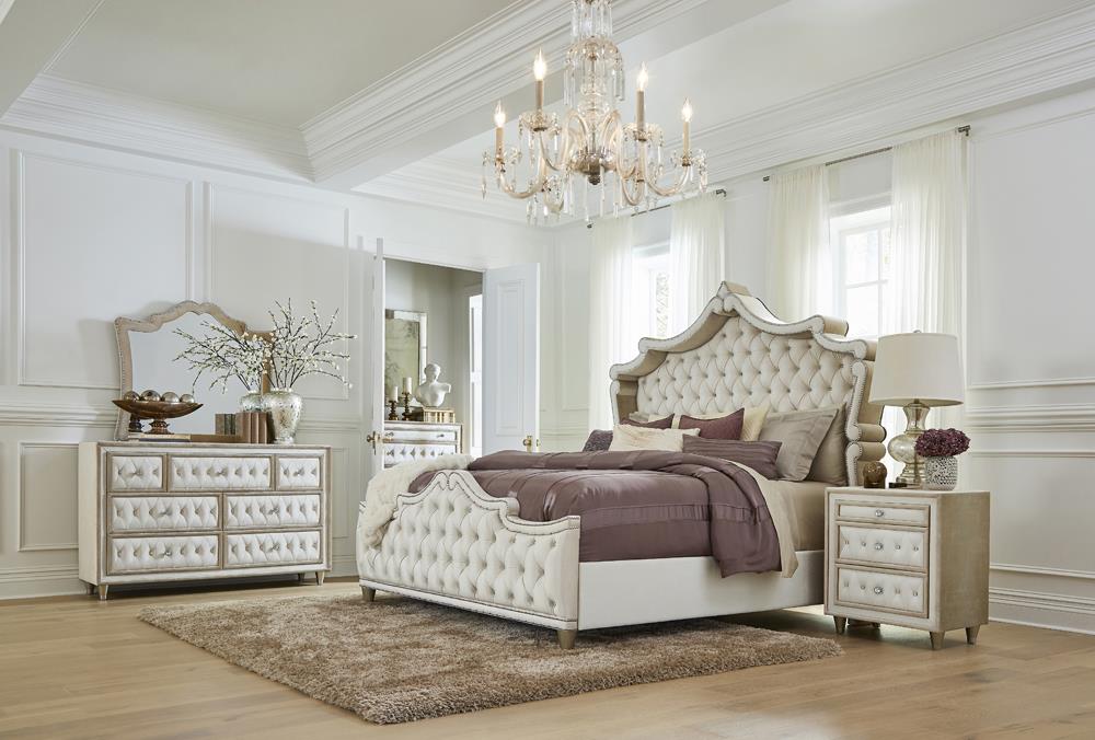 Antonella Ivory/Camel 4-Piece Upholstered Tufted Eastern King Bedroom Set from Coaster - Luna Furniture