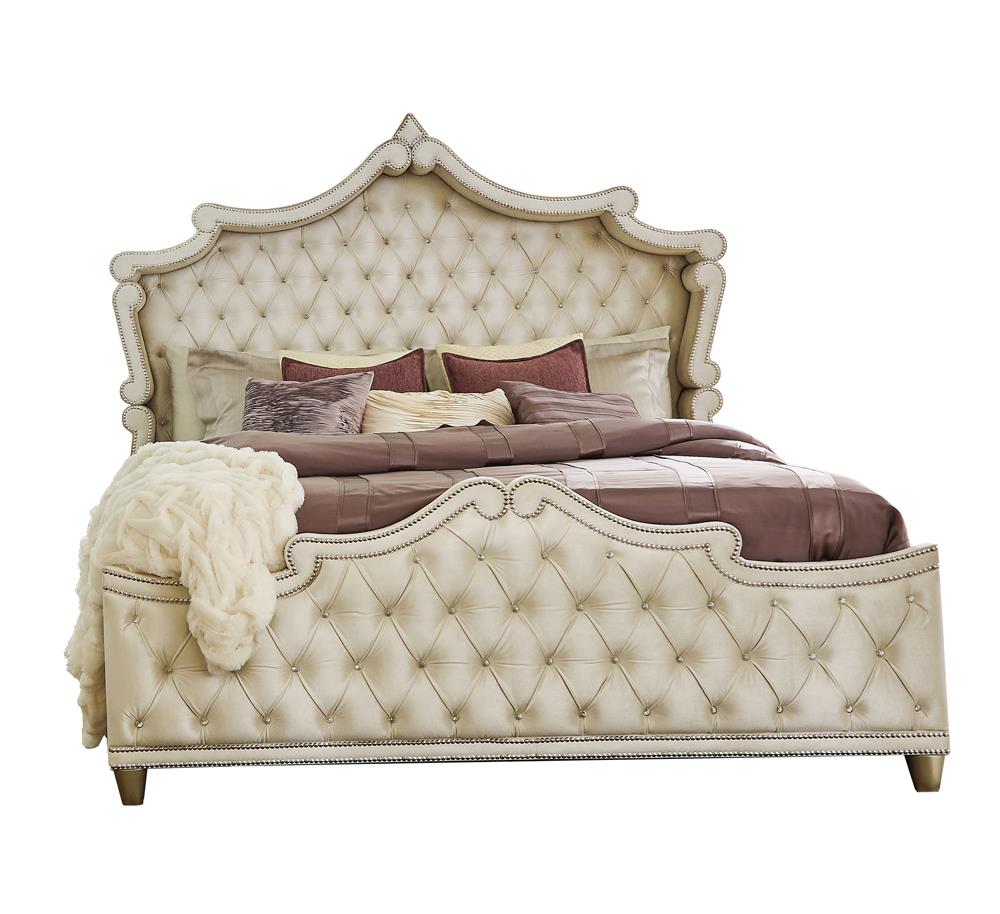 Antonella Ivory/Camel 4-Piece Upholstered Tufted Queen Bedroom Set from Coaster - Luna Furniture