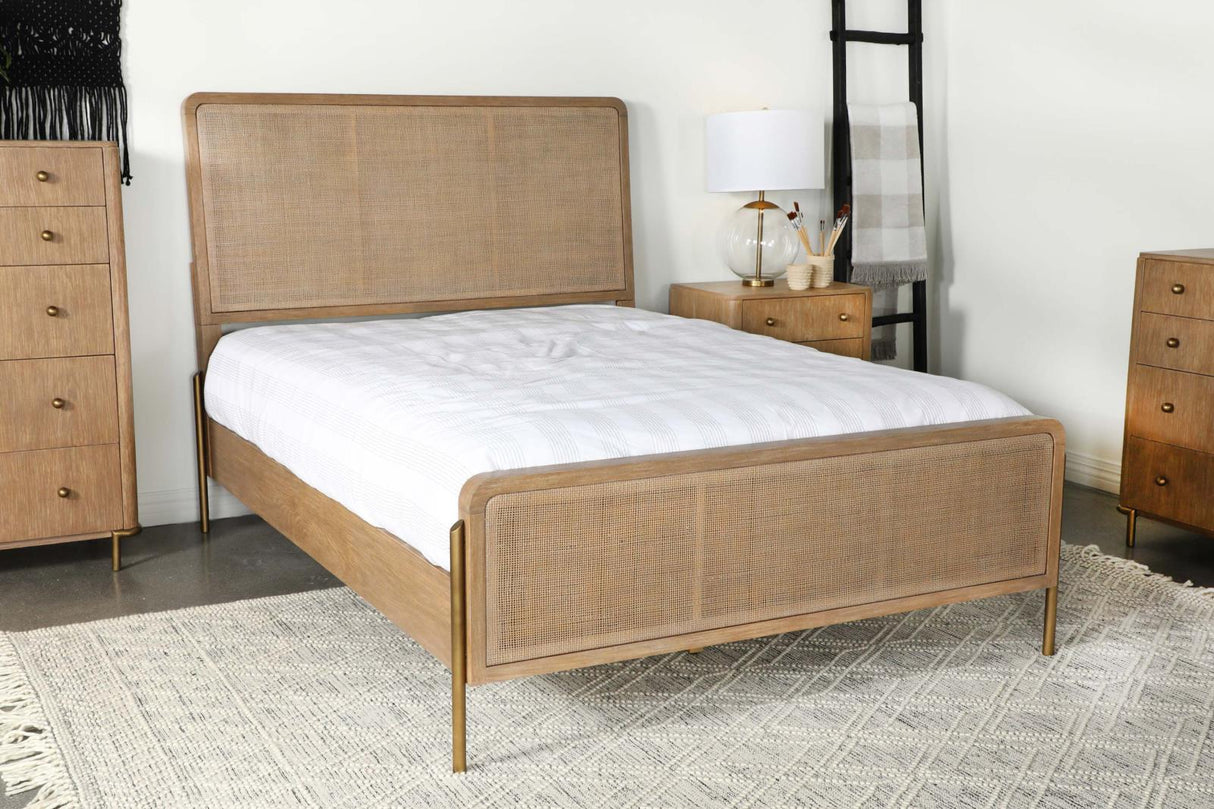 Arini Upholstered Queen Panel Bed Sand Wash/Natural Cane from Coaster - Luna Furniture