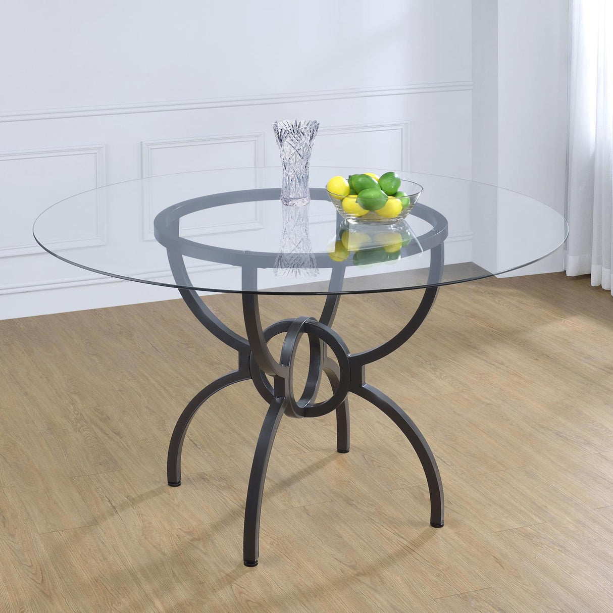 Aviano 48" Round Glass Top Dining Table Clear and Gunmetal from Coaster - Luna Furniture