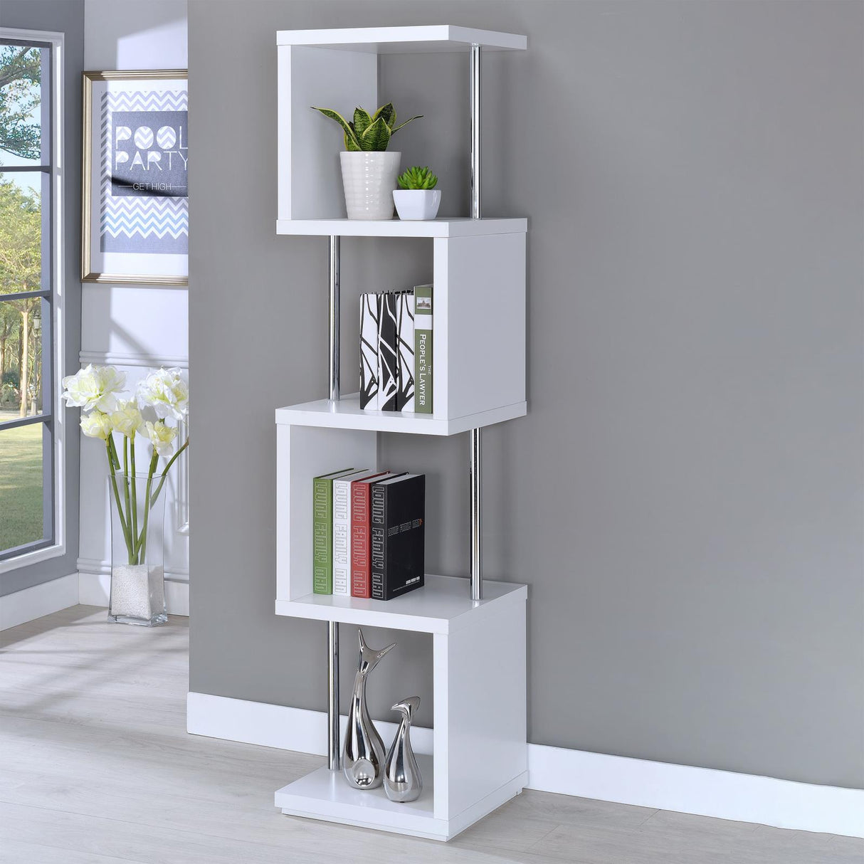 Baxter White/Chrome 4-Shelf Bookcase from Coaster - Luna Furniture