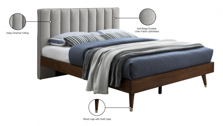 Vance Beige Mid-Century Modern Linen Textured Queen Bed from Meridian - Luna Furniture