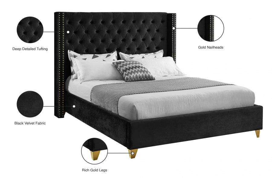 Barolo Black Velvet Queen Bed from Meridian - Luna Furniture